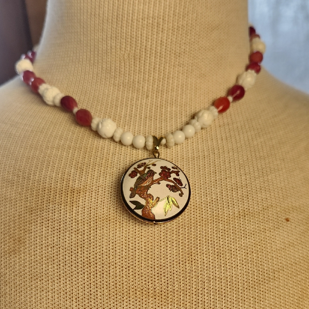 Elegant Red and White Beaded Necklace with Enamel Pendant